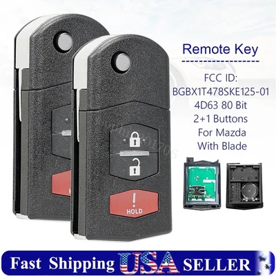 2 Replacement Flip Key Fob For 2007 - 2015 Mazda CX-9 CX-7 2 5 BGBX1T478SKE12501 - Image 1 of 4