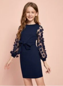 Beautiful Girls School Dress  Mesh Sleeve Size 5-6T Navy - Picture 1 of 6