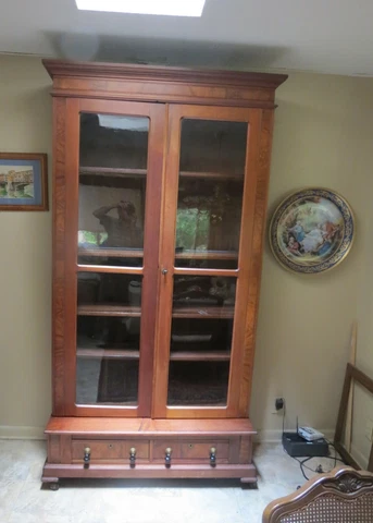 Antique Walnut Step Back Cabinet 19th C. Wavy Glass Doors Ebony Handles, 5 Shelv Cover
