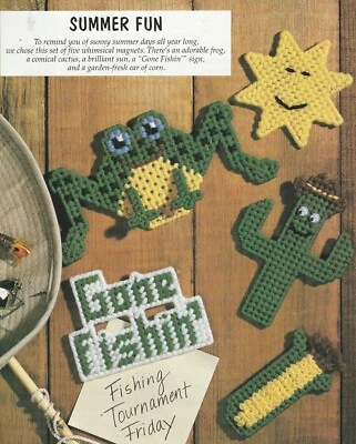 Frog, Cactus, Gone Fishing, Corn & Sun Magnets - Plastic Canvas Pattern ONLY - Image 1 of 2