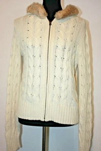 Banana Republic Sz L Wool Blend Cable Knit Sweater Faux Fur Hooded Full Zip - Picture 1 of 5