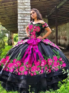 Black Mexican Princess Quinceanera Dresses Off Shoulder Floral Applique Corset - Picture 1 of 13
