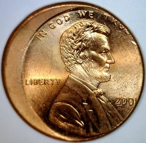 2001 ERROR OFF CENTER Lincoln Cent NICE BU + RED O/C Coin FREE SHIP - Picture 1 of 2