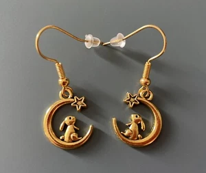 Pretty Golden Bunny Rabbit Moon Dangle / Drop Earrings - New In Plastic Pouch - Picture 1 of 3