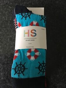 Mens socks cotton Rich happy socks 7.5-11.5 3 pairs nautical designs RRP £13.95