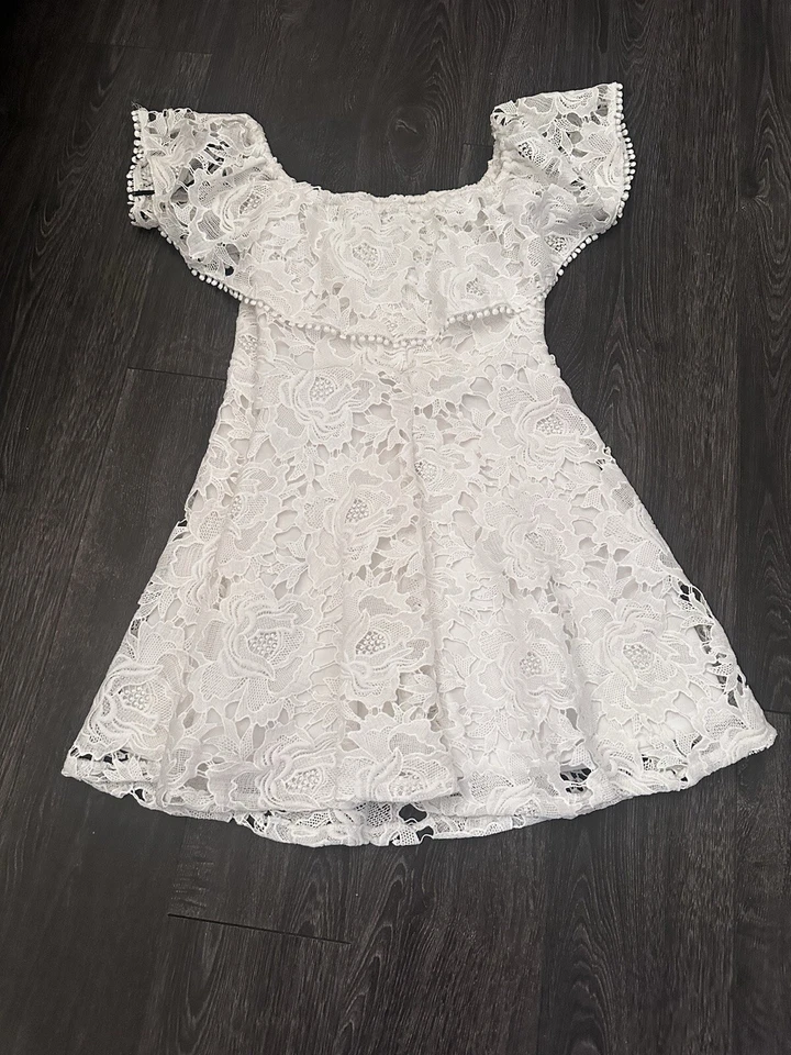 Forever 21 White Crochet Lace Mini Dress Small Off The Shoulder Summer - Image 1 of 4