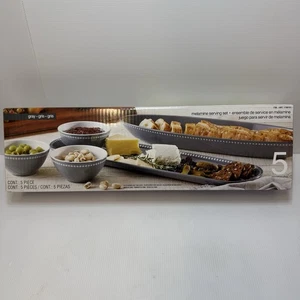 New Pandex, 5-Pc Beaded Melamine I/O Serveware Bowl Platter Set Color Gray NIB - Picture 1 of 3