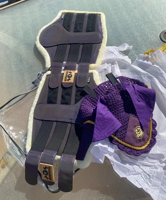 Equestroom Horse Brushing Boots & Fly Hat Bonnet Set FULL New Plum-Purple colors - Image 1 of 4