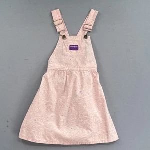 Vintage Oshkosh B’Gosh Jumper Dress Girl 7 Pink Floral Leaf Overall Bibs 90s USA - Picture 1 of 17
