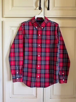 Camisa masculina JANIE & JACK vermelha azul e branca xadrez LS gola abotoada tamanho 8 - Imagem 1 de 4