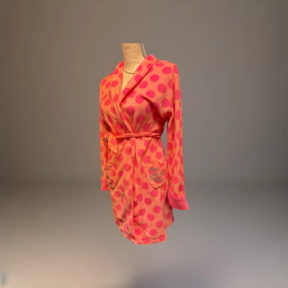 Justice Pink Polka Dot Robe Fleece Heart Pocket Happy Girls Prettiest - Image 1 of 4