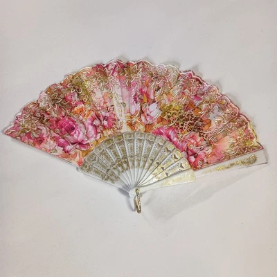 Abanico Decorativo Plegable Tela Patrón Floral Rosa Con Brillo Dorado  Foto 1 de 4