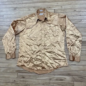 Lucasini Shiny Gold Disco Shirt Men 16.5 36/37 Sleeve Retro Needle 1970s Regency - Picture 1 of 23