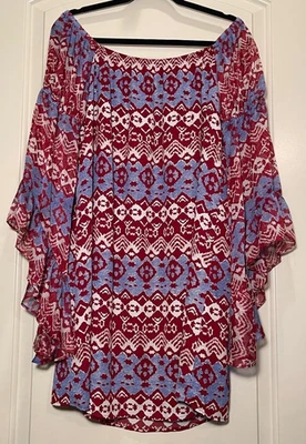 Voom by Joy Han Womens Blue/Maroon On/Off shoulder Dress, bell sleeves SZ L - Image 1 of 4