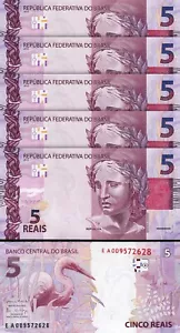Brazil 5 Reais ND 2010 (2017), UNC, 5 Pcs LOT, Consecutive, Prefix EA, P-253d - Picture 1 of 4