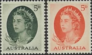 1963-1965 Australian MNH Queen Elizabeth Pair 5d Green & 5d Red Perforate Stamps - Picture 1 of 1