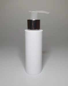 200ml PET Plastic White Cylindrical Bottle + Shiny Silver/Natural Lotion Pump - Picture 1 of 1