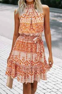 Floral Dress Casual Summer Sleeveless Halter Belt Boho - Picture 1 of 3