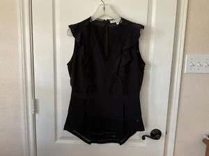 Veronica Beard Silk V-Neck Blouse Top Black Size 10 Back Zip Sleeveless Ruffle - Picture 1 of 16