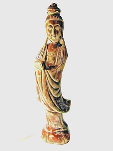 ASIA ORIENTAL  STYLE WOOD 12"   SCULPTURE HAND CARVED  HIGH STATUE  - SIGNATURE - Foto 1 di 9