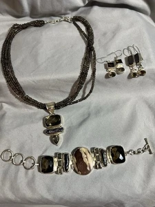 Conjunto de collar artesanal de cuarzo ahumado y piedras preciosas con colgante, pulsera, pendientes  - Imagen 1 de 18