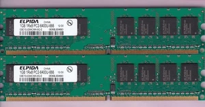 2GB 2x1GB PC2 6400 DDR2-800 ELPIDA EBE10UE8ACWA-8G-E Desktop Ram Memory Kit DIMM - Picture 1 of 7