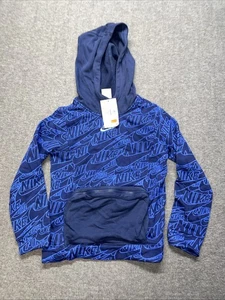 Nike Blue All Over Print Logo Hoodie Youth Sweatshirt Zip Pouch Pocket Small - Picture 1 of 8