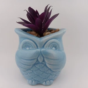 Ceramic Owl Blue Planter with Faux Purple Succulent Plant - 4” - Picture 1 of 6