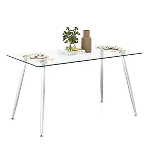 Modern Glass Dining Table Rectangular Table W/Metal Legs For Kitchen Silver - Picture 1 of 10