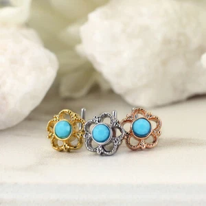 Flower Filigree Turquoise Stone 316L Surgical Steel L Bend Nose Studs Rings  - Picture 1 of 7