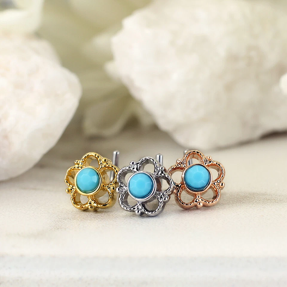 Flower Filigree Turquoise Stone 316L Surgical Steel L Bend Nose Studs Rings  - Image 1 of 4
