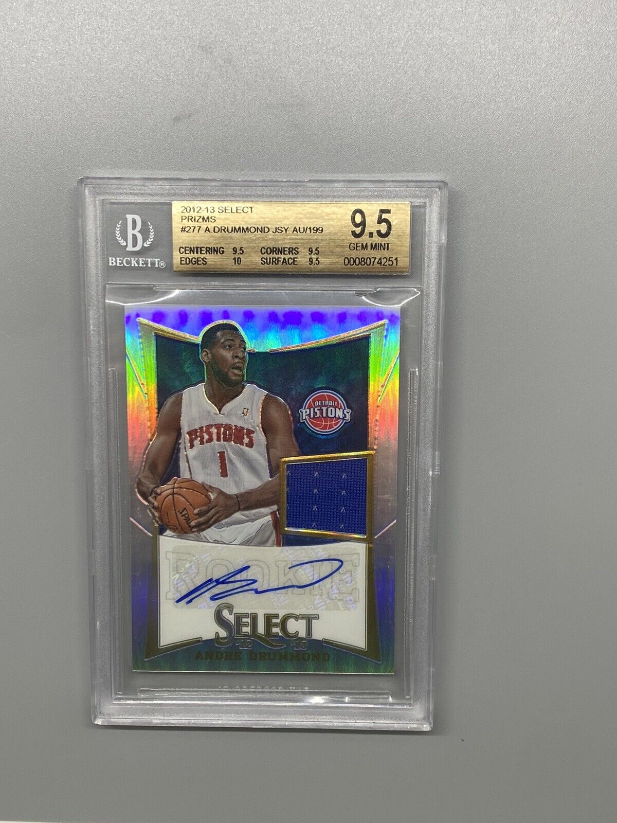 2012-13 Panini Select Andre Drummond Silver Prizm Auto Jersey Rc #199 BGS 9.5