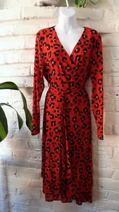 Cabi Siren Red Leopard Print Wrap Midi Dress Womens Sheer Animal Print Statement - Picture 1 of 9
