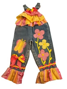 Denim Overalls Girls Vtg 80s Gingham Ruffled Hearts Flowers 24 Months - Picture 1 of 9