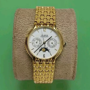 Vintage HELBROS 33mm Herren Multi Quarz Mondphase Uhr goldfarben mit neuer Batterie - Bild 1 von 18