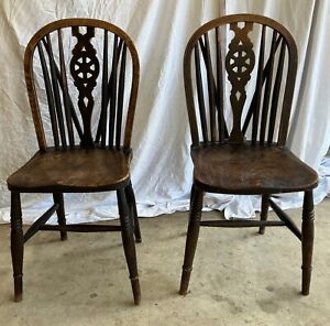 2 ELM BEECH WHEELBACK DINING KITCHEN CHAIRS CARVED WR TO BACK OF SEATS