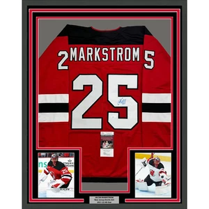 Framed Autographed/Signed Jacob Markstrom 35x39 New Jersey Red Jersey JSA COA - Picture 1 of 2