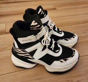 Women's Michael Kors Black White Zebra Trainer HiTop Sneakers Shoes SG19G Sz 7.5