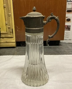 Jarra de vidrio antigua grande pesada de corte victoriano antigua con parte superior de peltre/mango de 14" de alto - Imagen 1 de 5