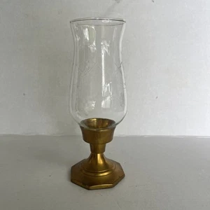 Vintage Solid Brass Hurricane Candle Lamp with Etched Glass Shade - Picture 1 of 6