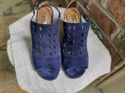 Halogen Sz8, Gorgeous Blue Suede Shoes!  3.5” Block Heels. Laser Cutouts,Slings - Image 1 of 4