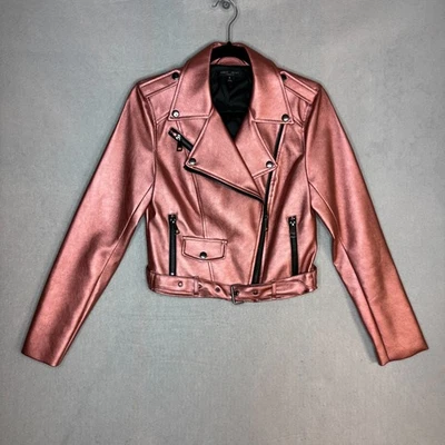 Chaqueta de Motociclista Romeo & Juliet Couture Estilo Moto Cuero Sintético Rosa Brillante - Pequeña Foto 1 de 4