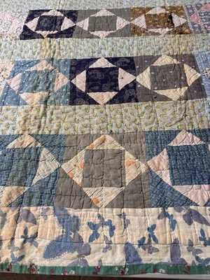 Antique Handmade Hand Quilted Feed Sack Squares In Squares Patchwork Quilt  #678 - Image 1 of 4