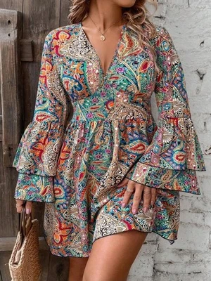 Women’s V-Neck Floral Print Long Flounce Sleeve Dress Size 3XL - Image 1 of 4