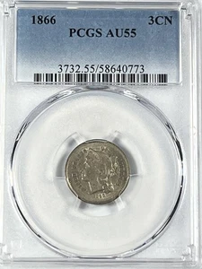 1866 Three Cent Nickel : PCGS AU55 - Picture 1 of 4