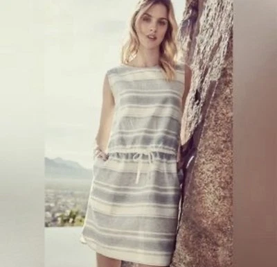 Caslon Linen Blend Sun Dress XS Gray/White Stripe Pockets Sleeveless Drawstring - image 1 of 4
