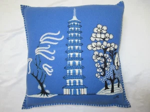 NEW Jan Constantine Hand Embroidered Wool Pillow Blue Pagoda Chinoiserie England - Picture 1 of 7