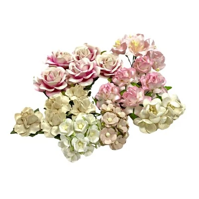 45 Mixed Paper Flower Cottage Lily Roses Wedding Scrapbooking (TH-Pink Beige A1) - Image 1 of 3