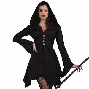 Sensenmann Damen schwarzes Kleid mit Kapuze Halloween Kostüm - Bild 1 von 2