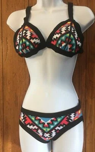 Geometrisches Muster dünner Träger Bikini Gr. XLarge leuchtend schwarz super süß XL (53) - Bild 1 von 5
